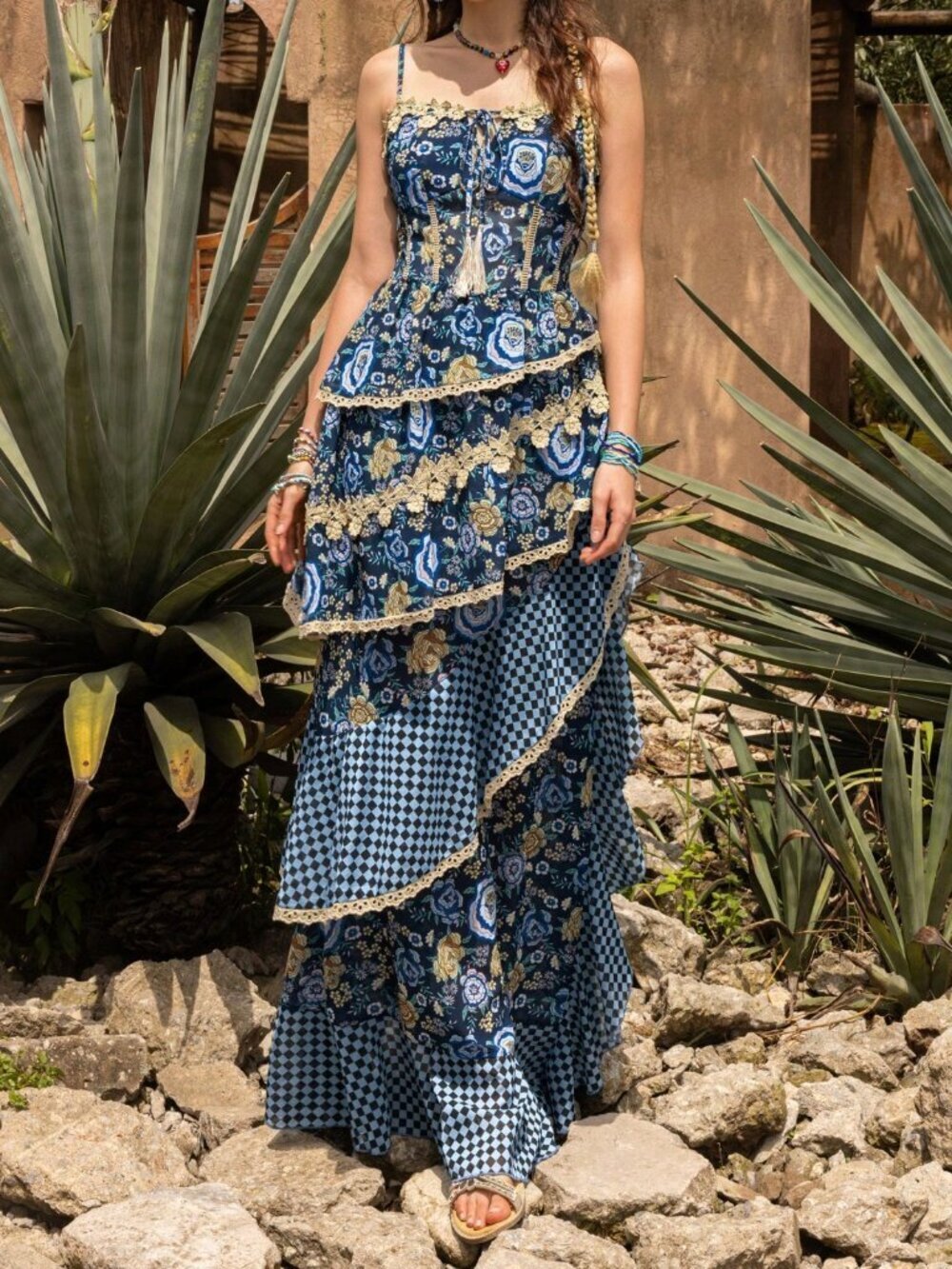 Blue Bohemian Casual Women's Elegant Chiffon Dress with Lace Tassel Tiered Hem - Picture 6 of 11